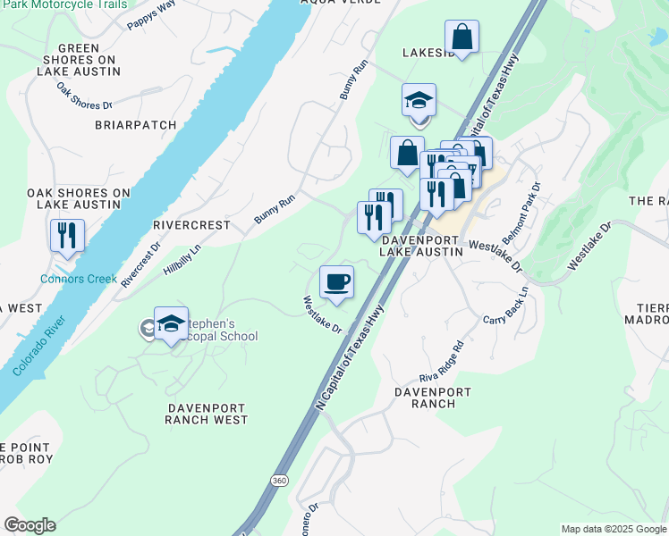 map of restaurants, bars, coffee shops, grocery stores, and more near 3500 North Capital of Texas Highway in Austin