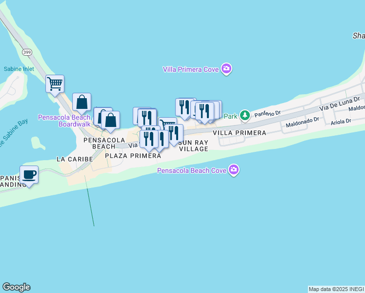 map of restaurants, bars, coffee shops, grocery stores, and more near 18 Via De Luna Drive in Pensacola Beach