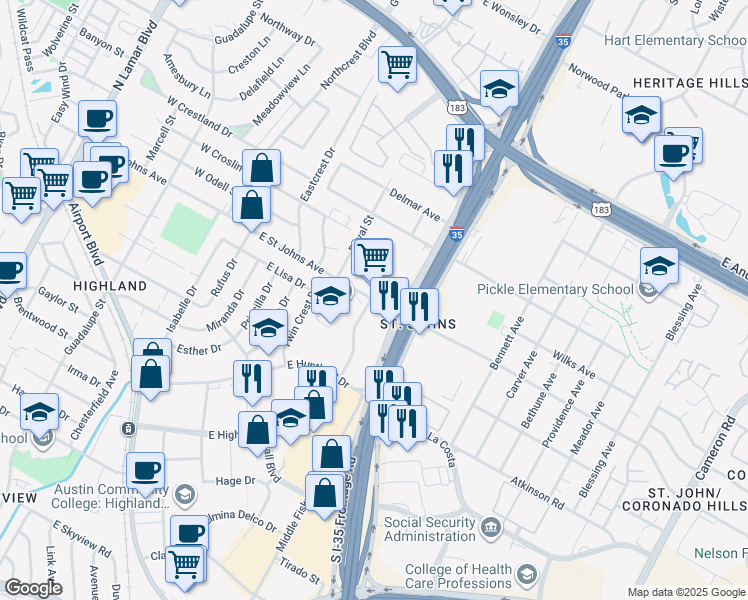 map of restaurants, bars, coffee shops, grocery stores, and more near 615 East Saint Johns Avenue in Austin