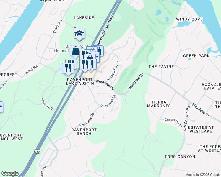 map of restaurants, bars, coffee shops, grocery stores, and more near 4231 Westlake Drive in Austin