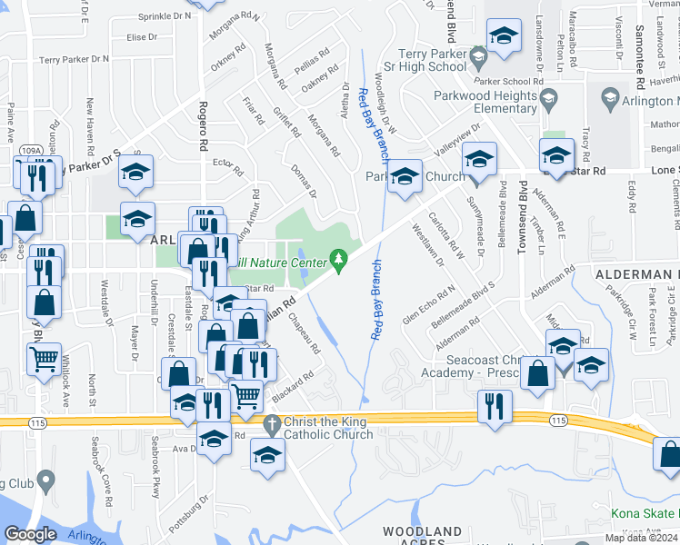 map of restaurants, bars, coffee shops, grocery stores, and more near 7152 Lone Star Road in Jacksonville