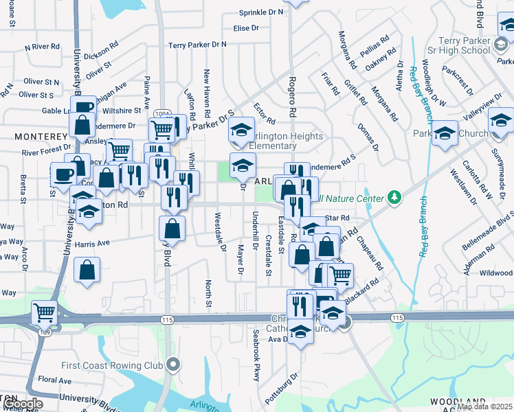 map of restaurants, bars, coffee shops, grocery stores, and more near 1217 Underhill Drive in Jacksonville