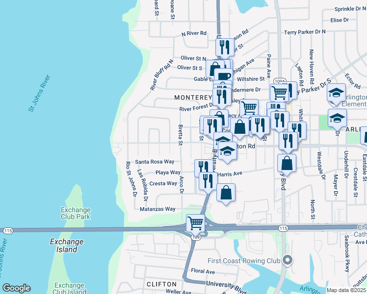 map of restaurants, bars, coffee shops, grocery stores, and more near 1209 Bretta Street in Jacksonville