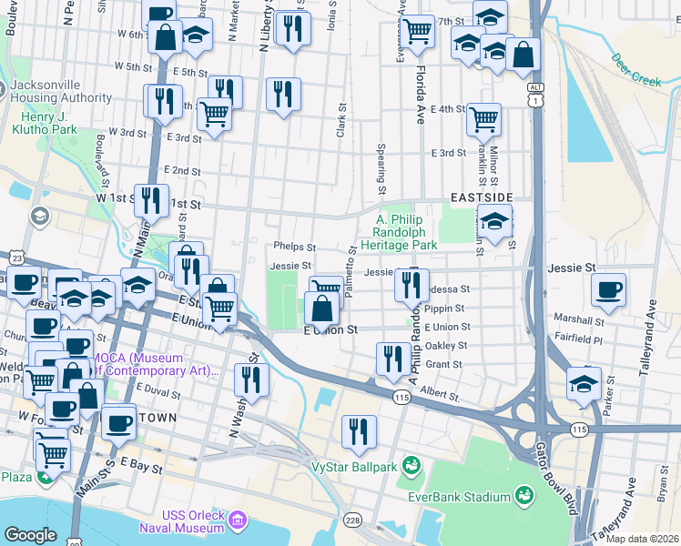 map of restaurants, bars, coffee shops, grocery stores, and more near 535 Odessa Street in Jacksonville
