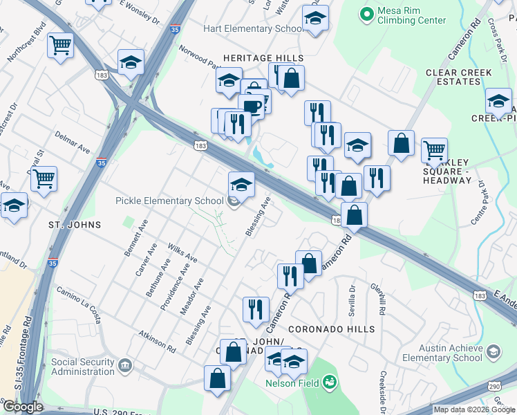 map of restaurants, bars, coffee shops, grocery stores, and more near 7600 Blessing Avenue in Austin