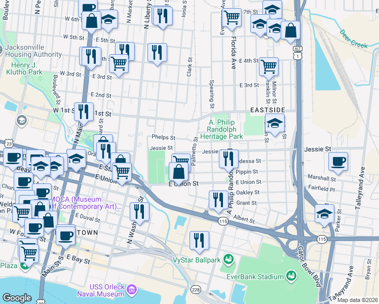 map of restaurants, bars, coffee shops, grocery stores, and more near 535 Odessa Street in Jacksonville