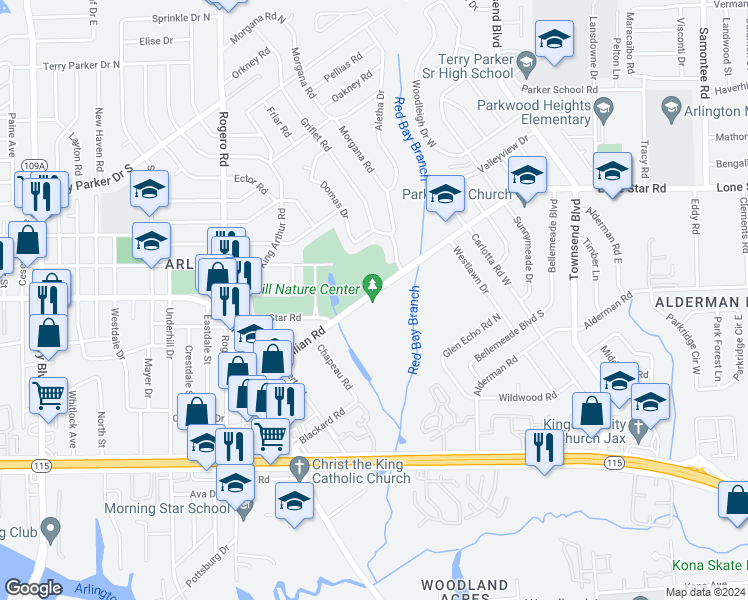 map of restaurants, bars, coffee shops, grocery stores, and more near 7152 Lone Star Road in Jacksonville
