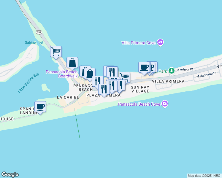 map of restaurants, bars, coffee shops, grocery stores, and more near in Pensacola Beach