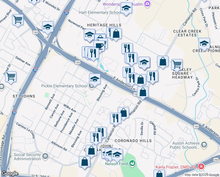 map of restaurants, bars, coffee shops, grocery stores, and more near 7607 Blessing Avenue in Austin