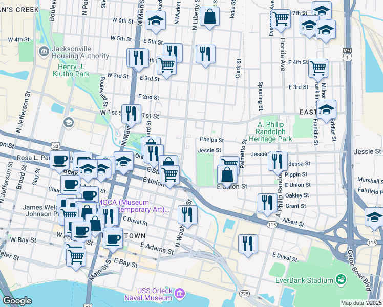 map of restaurants, bars, coffee shops, grocery stores, and more near 945 North Liberty Street in Jacksonville