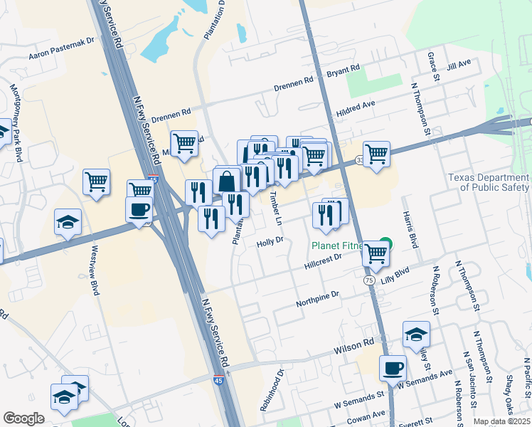 map of restaurants, bars, coffee shops, grocery stores, and more near 2030 Plantation Drive in Conroe