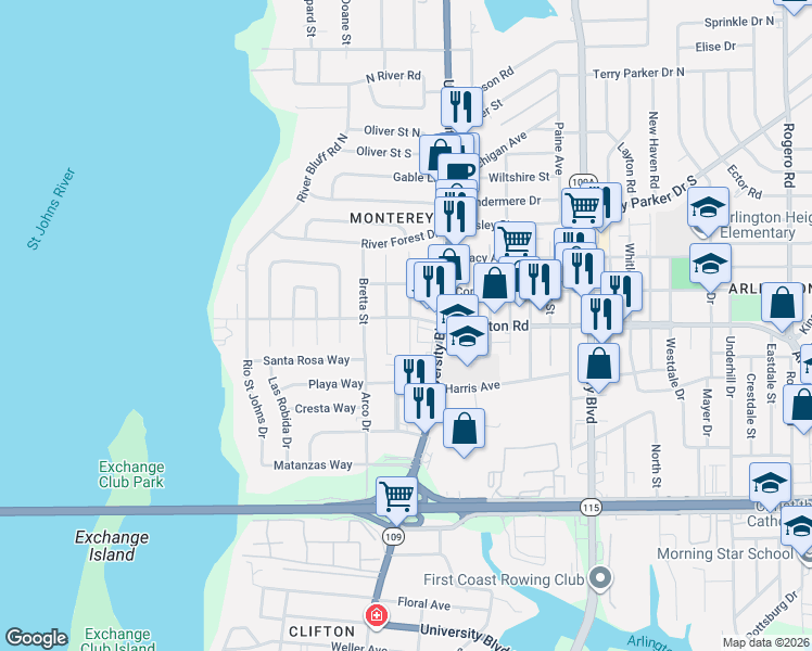 map of restaurants, bars, coffee shops, grocery stores, and more near 1224 Easter Street in Jacksonville