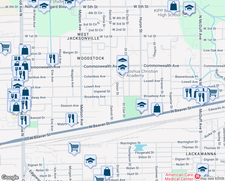 map of restaurants, bars, coffee shops, grocery stores, and more near 3007 Broadway Avenue in Jacksonville