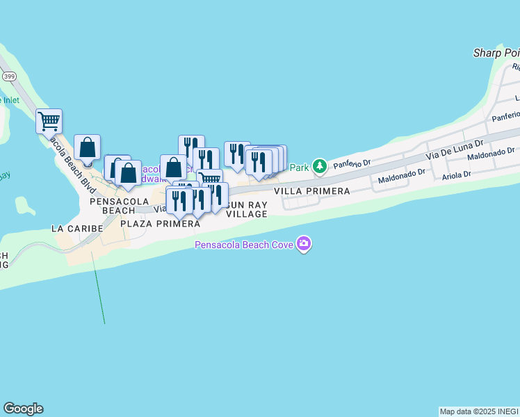 map of restaurants, bars, coffee shops, grocery stores, and more near 22 Via De Luna Drive in Pensacola Beach