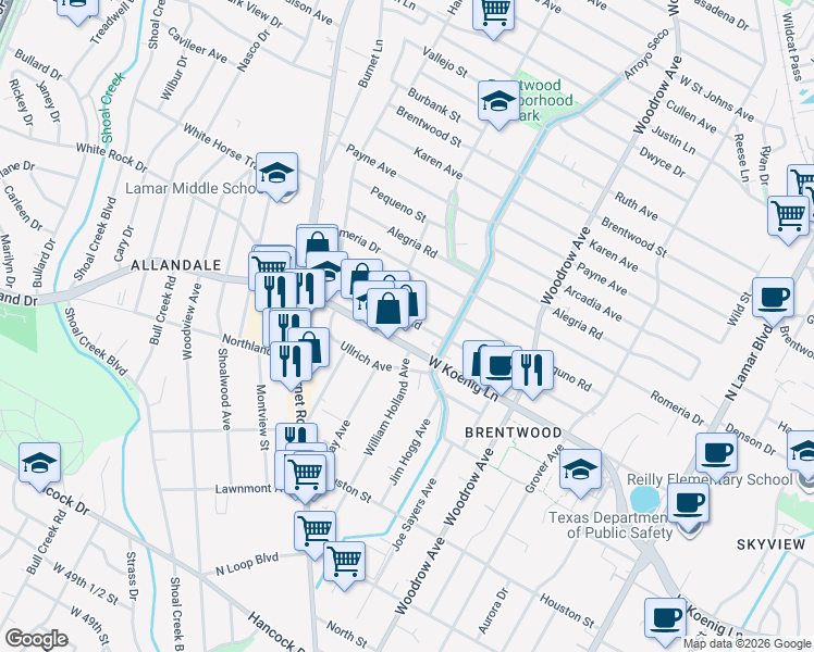 map of restaurants, bars, coffee shops, grocery stores, and more near 1706 West Koenig Lane in Austin