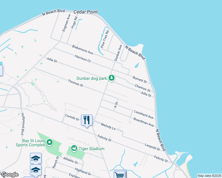 map of restaurants, bars, coffee shops, grocery stores, and more near 311 Thomas Street in Bay St. Louis