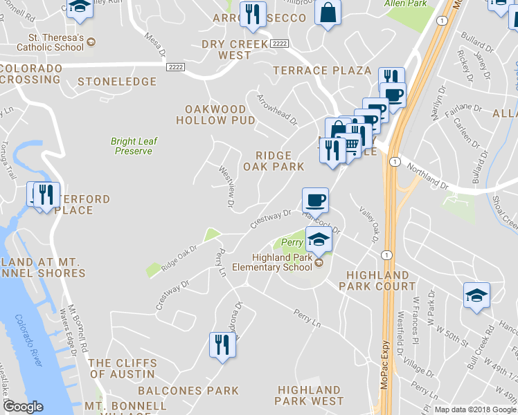 map of restaurants, bars, coffee shops, grocery stores, and more near 4902 Ridge Oak Drive in Austin