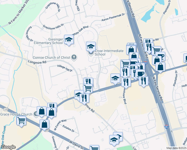 map of restaurants, bars, coffee shops, grocery stores, and more near 1840 Longmire Road in Conroe