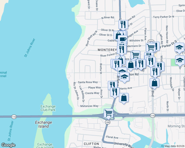 map of restaurants, bars, coffee shops, grocery stores, and more near 1207 Colt Street in Jacksonville