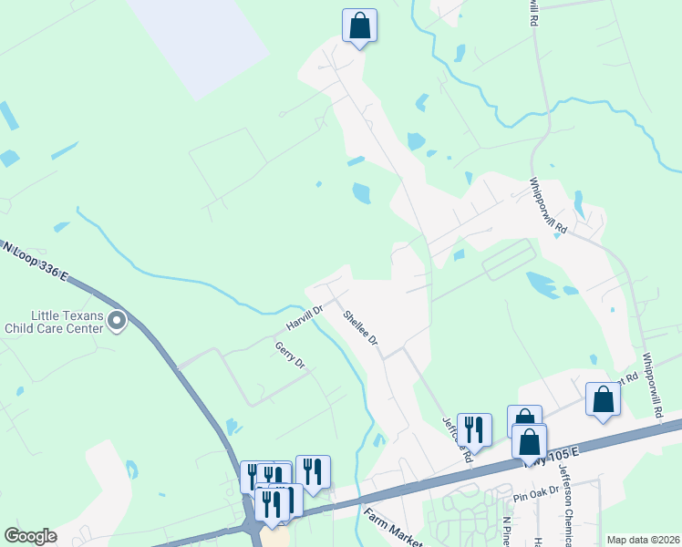 map of restaurants, bars, coffee shops, grocery stores, and more near 1552 Shellee Drive in Conroe