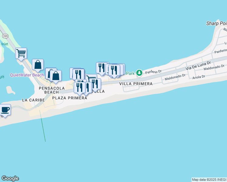 map of restaurants, bars, coffee shops, grocery stores, and more near 22 Via De Luna Drive in Pensacola Beach