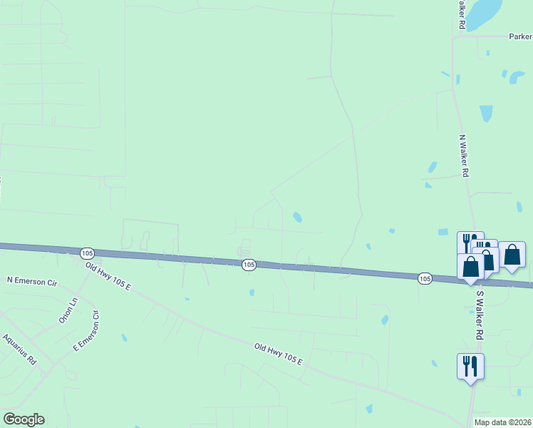 map of restaurants, bars, coffee shops, grocery stores, and more near 17693 Highway 105 East in Conroe