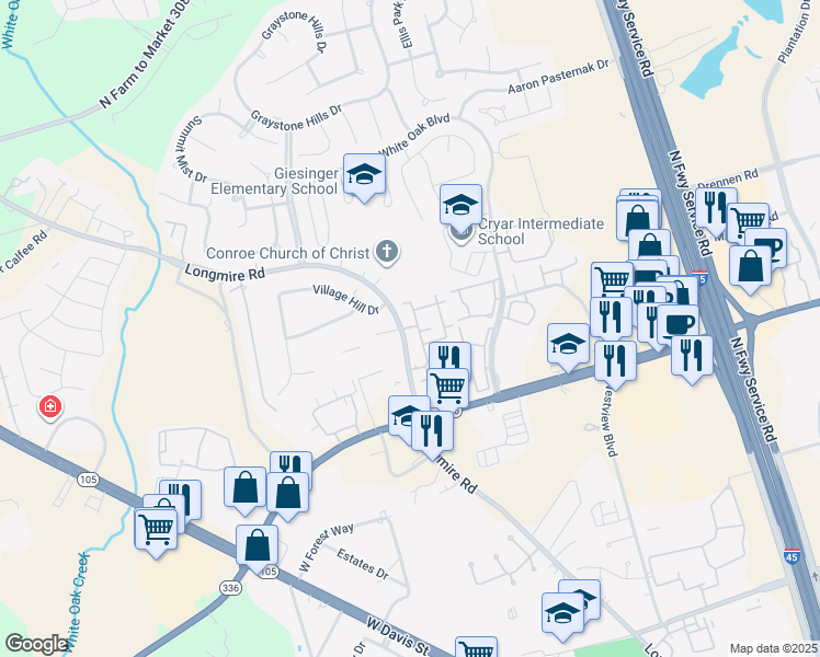 map of restaurants, bars, coffee shops, grocery stores, and more near 1840 Longmire Road in Conroe