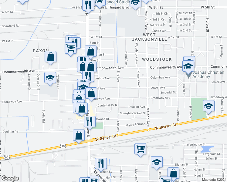 map of restaurants, bars, coffee shops, grocery stores, and more near 3418 Lowell Avenue in Jacksonville