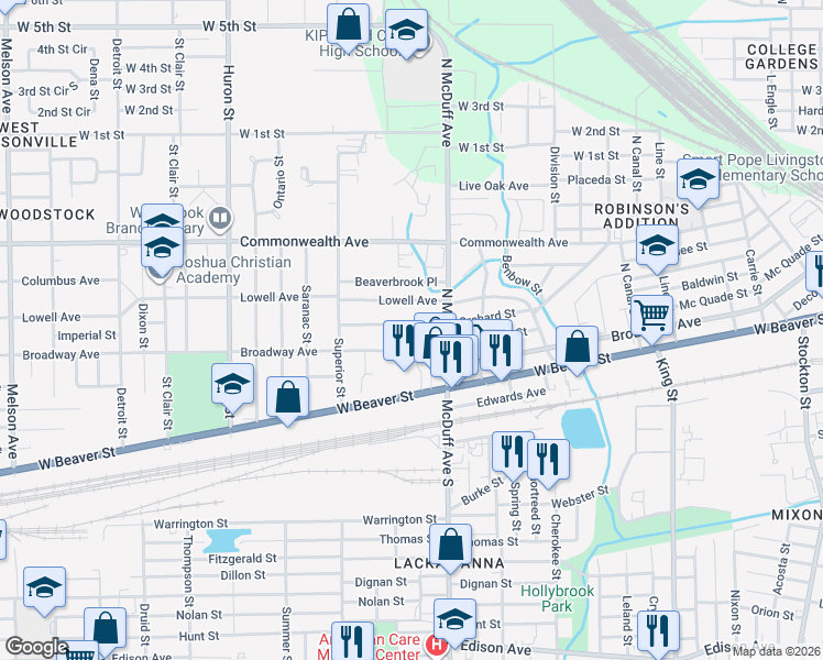 map of restaurants, bars, coffee shops, grocery stores, and more near 2525 Broadway Avenue in Jacksonville