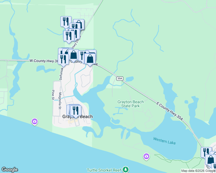 map of restaurants, bars, coffee shops, grocery stores, and more near 108 Old Miller Place in Santa Rosa Beach