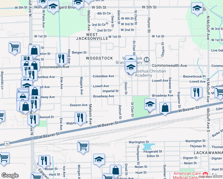 map of restaurants, bars, coffee shops, grocery stores, and more near 3037 Imperial Street in Jacksonville