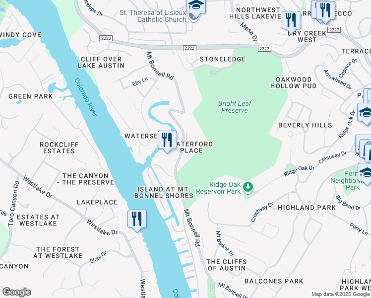 map of restaurants, bars, coffee shops, grocery stores, and more near 4901 Mount Bonnell Road in Austin