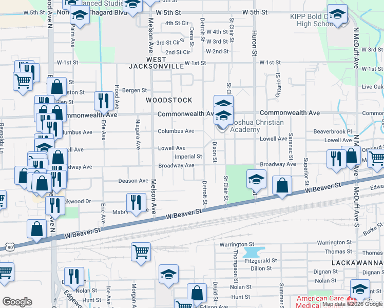 map of restaurants, bars, coffee shops, grocery stores, and more near 3053 Broadway Avenue in Jacksonville