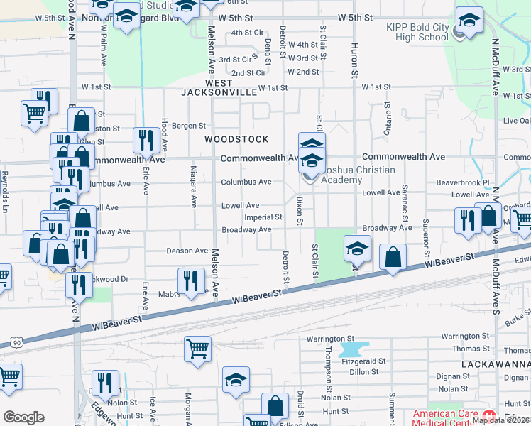 map of restaurants, bars, coffee shops, grocery stores, and more near 3053 Broadway Avenue in Jacksonville