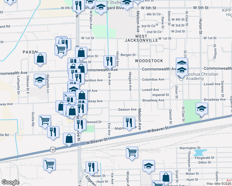 map of restaurants, bars, coffee shops, grocery stores, and more near 3351 Broadway Avenue in Jacksonville