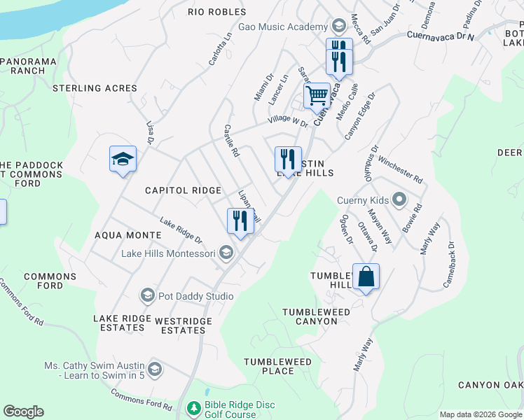 map of restaurants, bars, coffee shops, grocery stores, and more near 1001 Canyon Edge Drive in Austin