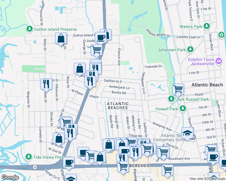 map of restaurants, bars, coffee shops, grocery stores, and more near 845 Plaza in Atlantic Beach