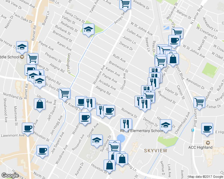 map of restaurants, bars, coffee shops, grocery stores, and more near 1211 Arcadia Avenue in Austin