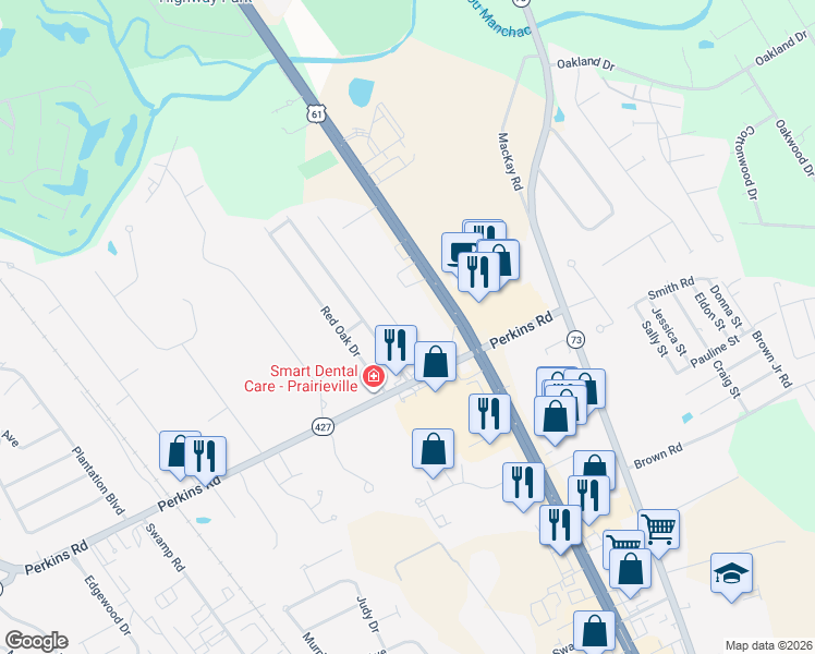 map of restaurants, bars, coffee shops, grocery stores, and more near 18446 Perkins Oak Road in Prairieville