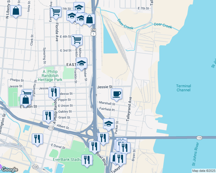 map of restaurants, bars, coffee shops, grocery stores, and more near 1593 Jessie Street in Jacksonville
