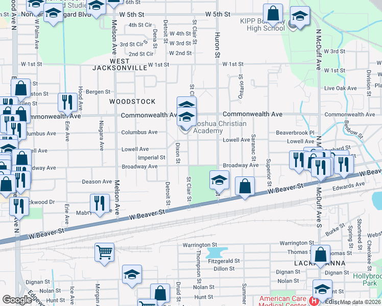 map of restaurants, bars, coffee shops, grocery stores, and more near 875 Dixon Street in Jacksonville