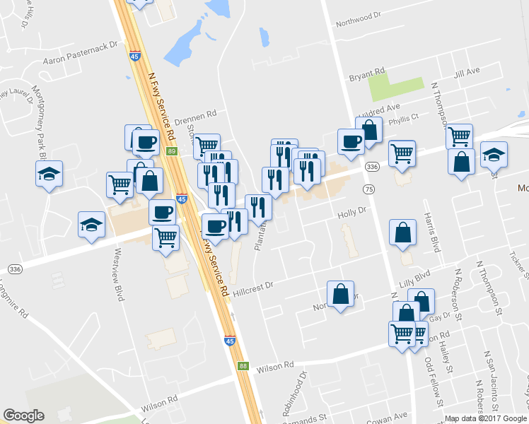 map of restaurants, bars, coffee shops, grocery stores, and more near 2070 Plantation Drive in Conroe