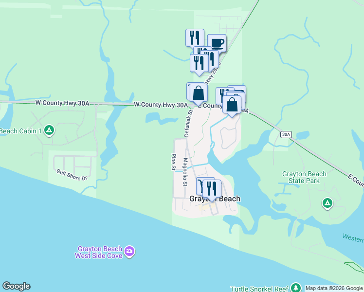 map of restaurants, bars, coffee shops, grocery stores, and more near 173 Defuniak Street in Santa Rosa Beach