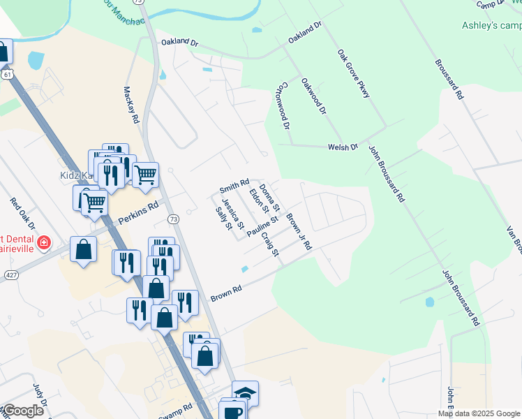 map of restaurants, bars, coffee shops, grocery stores, and more near 18363 Eldon Street in Prairieville