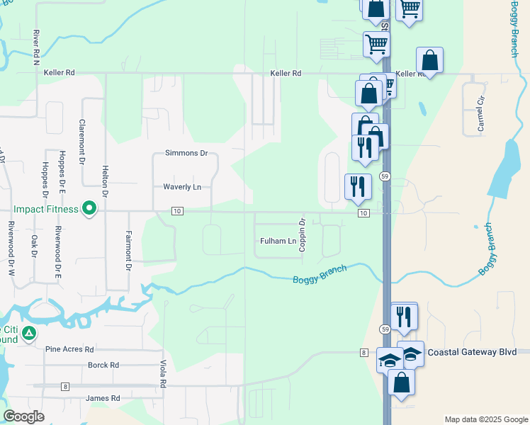 map of restaurants, bars, coffee shops, grocery stores, and more near 19710 County Road 10 in Foley