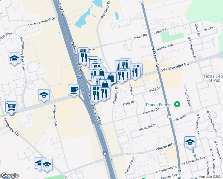 map of restaurants, bars, coffee shops, grocery stores, and more near 1210 North Loop 336 West in Conroe