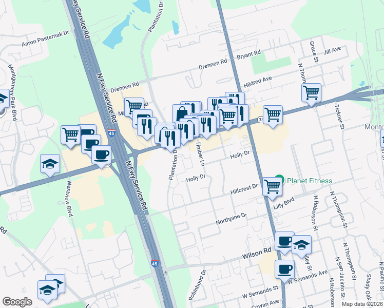 map of restaurants, bars, coffee shops, grocery stores, and more near 2030 Plantation Drive in Conroe