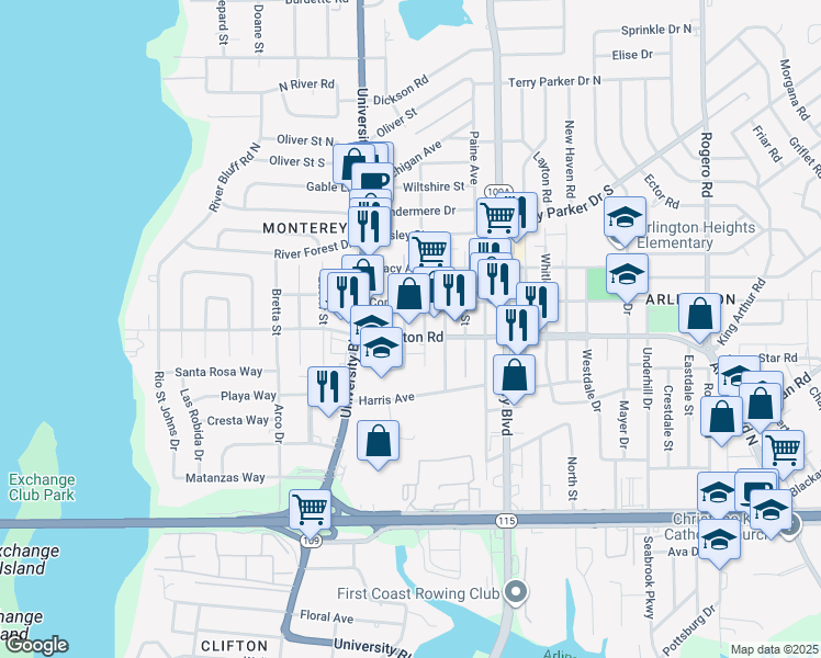 map of restaurants, bars, coffee shops, grocery stores, and more near 5808 Commerce Street in Jacksonville