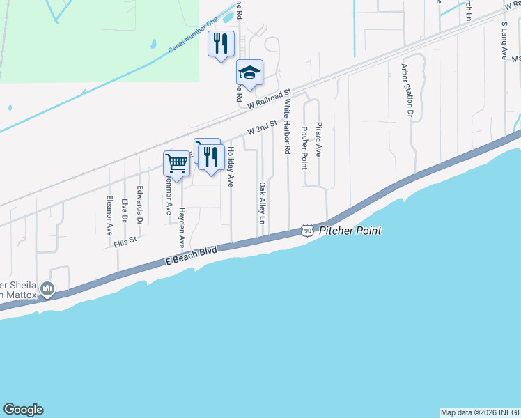 map of restaurants, bars, coffee shops, grocery stores, and more near 17 Oak Alley Lane in Long Beach