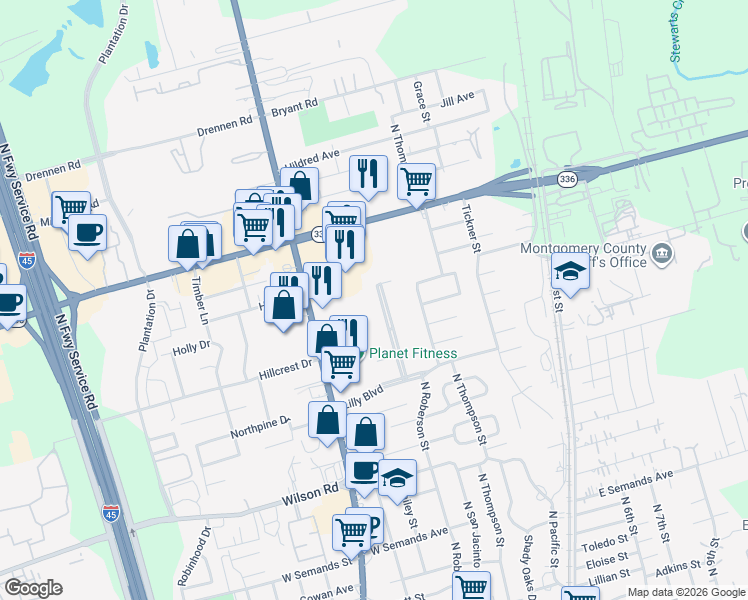 map of restaurants, bars, coffee shops, grocery stores, and more near 315 Harris Boulevard in Conroe